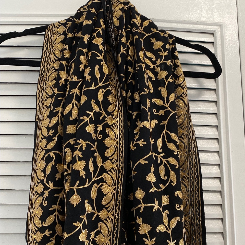 Black and Gold Embroidered Shawl with Gems